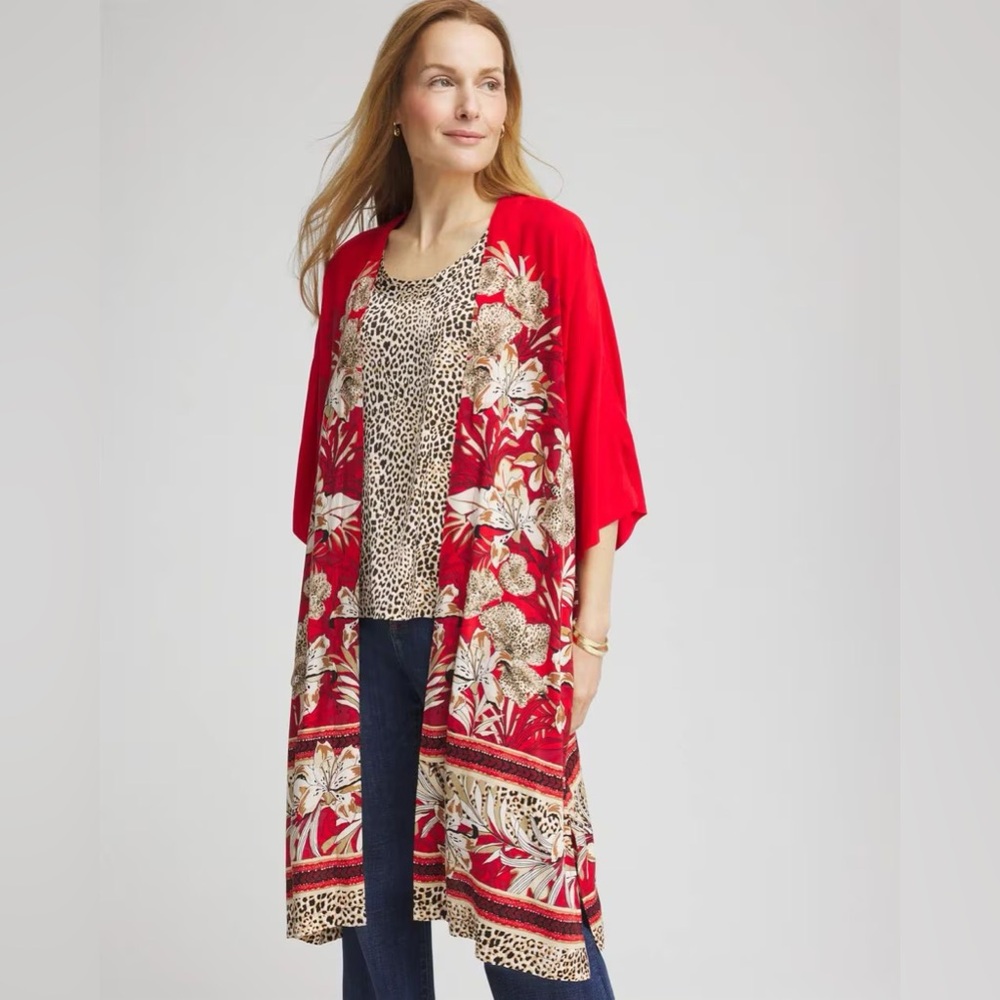 NWT Chico’s Art Nouveau Kimono Aracati Cat Red Multi in S/M Artsy Boho